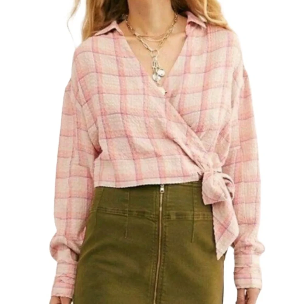 Free‎ People Running Wild Long Sleeve Plaid Wrap Top Size Large Women